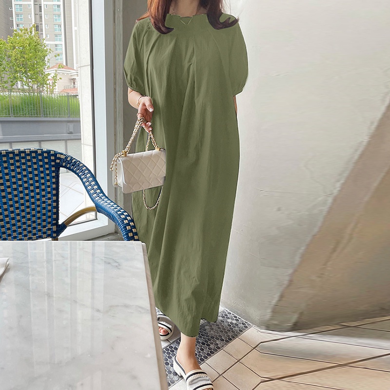 Đầm dài ZANZEA tay phồng xếp ly phối thắt lưng phong cách đường phố Hàn Quốc