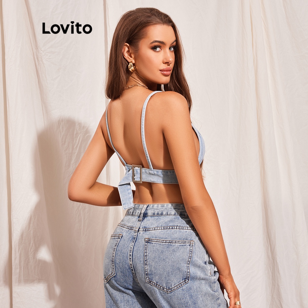 Áo LOVITO denim định hình giặt sờn màu trơn thường ngày dành cho nữ L45LD078