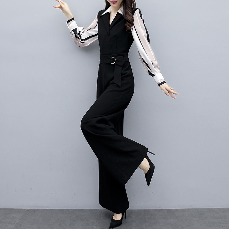 Jumpsuit Lưng Cao Ống Rộng Màu Đen Thời Trang Xuân Hè Hàn Quốc 2023 Cho Nữ