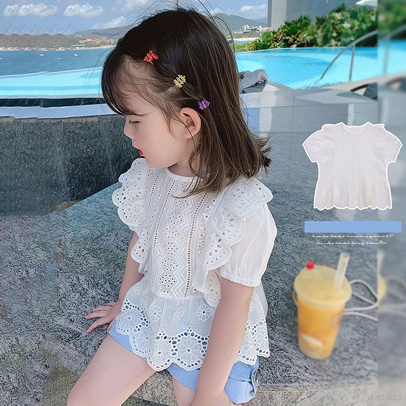 Áo Kiểu Tay Phồng Ngắn Cổ Tròn Phối Ren Lỗ Thoáng Khí Thời Trang Mùa Hè Phong Cách Hàn Quốc Cho Nữ