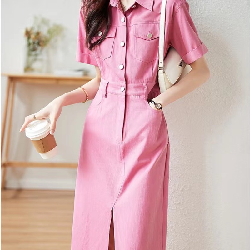 Đầm Sơ Mi Cổ Polo Màu Hồng Thiết Kế Đơn Giản Phong Cách Pháp Thời Trang Mùa Hè Hàng Mới JJ