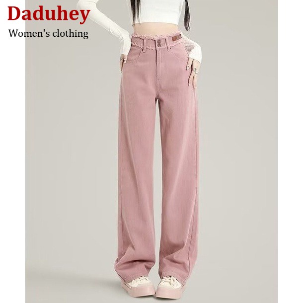 DaDuHey💕 2023 New Korean Version of INS Dirty Pink WOMEN'S Jeans High Waist Loose Wide Leg Pants Niche Trousers