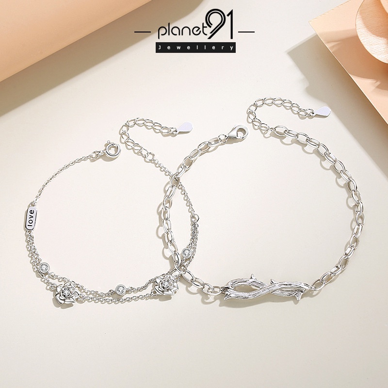 Vòng Tay Bạc S925 Chống Thấm Nước Hoạ Tiết Hoa Hồng Bramble Thời Trang Dành Cho Cặp Đôi [Planet91