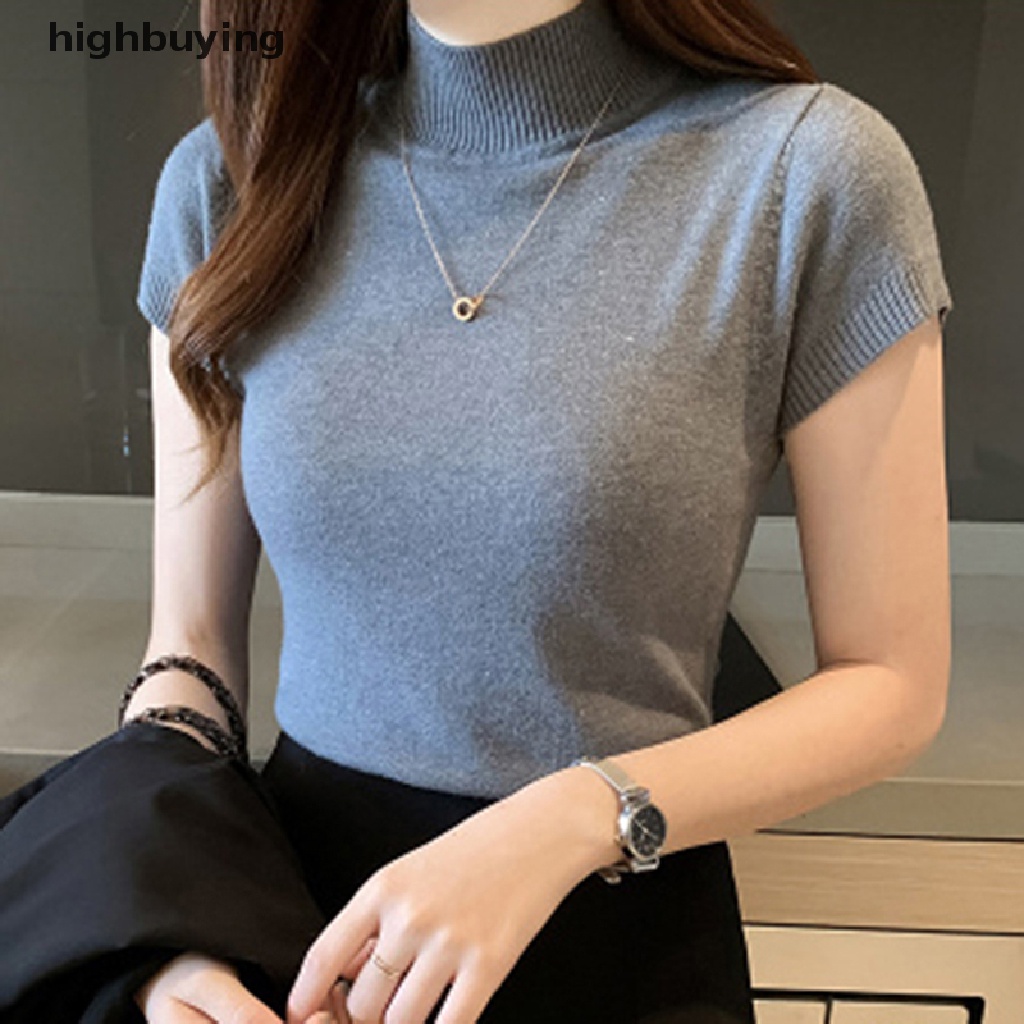 Áo Thun Dệt Kim Tay Ngắn Cổ Lọ Màu Sắc Đơn Giản Cho Nữ