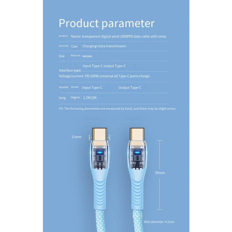 Dây Cáp Sạc Nhanh PD100W type-c5A Hai Đầu Trong Suốt Cho laptop Apple 30W Huawei 66W.