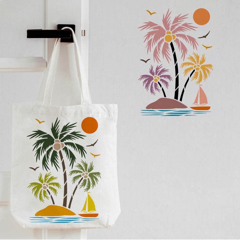 1pc  Palm Trees Stencils 29.7x21cm Plastic Island Sailboat Drawing Painting Stencils Sun Geese Pattern Wall Stencils Reusable Stencils for Painting on Wood Floor Wall and Tile