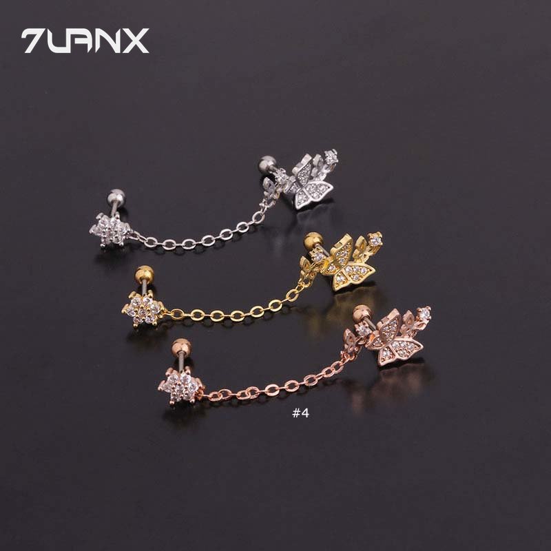 7uanX 1 Bông Tai Dây Xích Đôi Hình Hoa Bằng Thép Không Gỉ Đính Đá Zircon Thời Trang Dành Cho Nữ