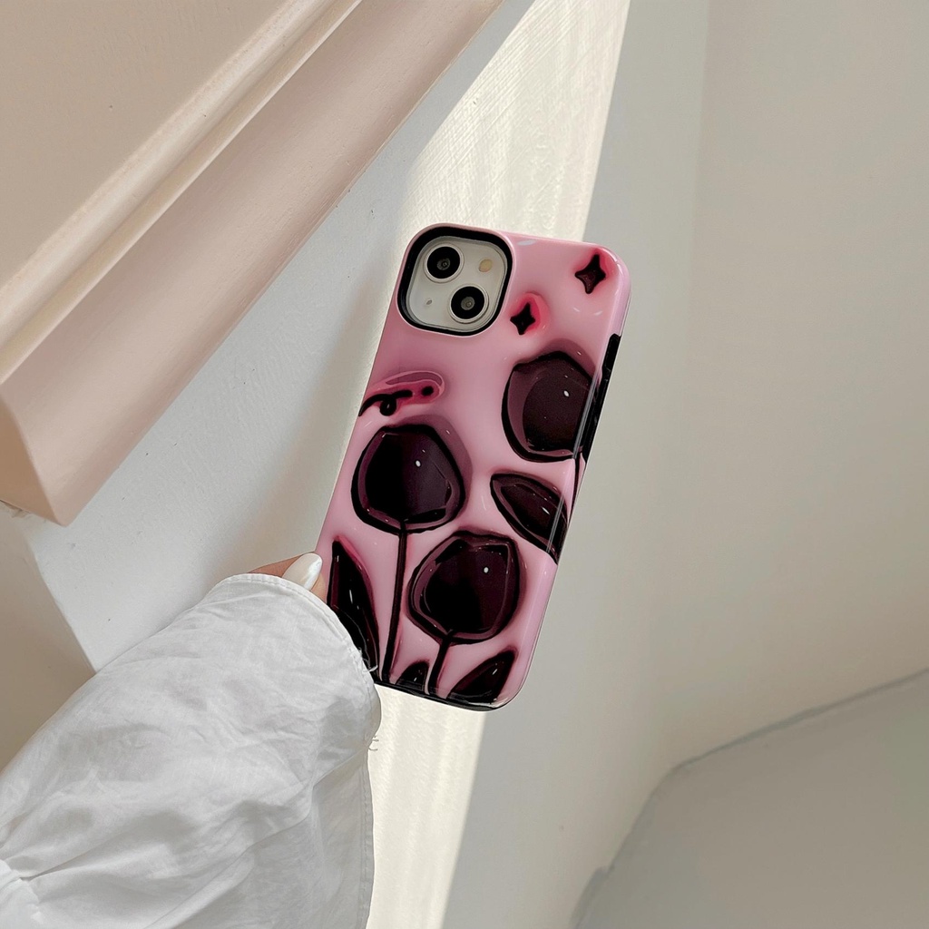 Ốp Điện Thoại TPU Dẻo Họa Tiết Hoa Tulip Đen Kèm Dây Đeo Ngọc Trai Chống Rơi Cho iPhone 14 13 12 11 Pro Max