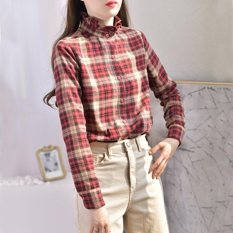 Áo Sơ Mi Cổ Đứng Chất Liệu Cotton Mềm Họa Tiết Sọc Caro Phong Cách Retro Hàn Quốc