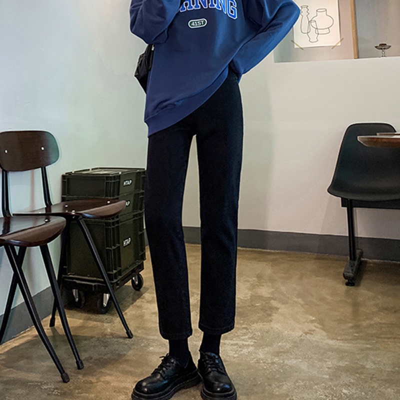 IELGY   Quần Jean Ống Đứng Lưng Cao Màu Đen Thời Trang Cho Nữ