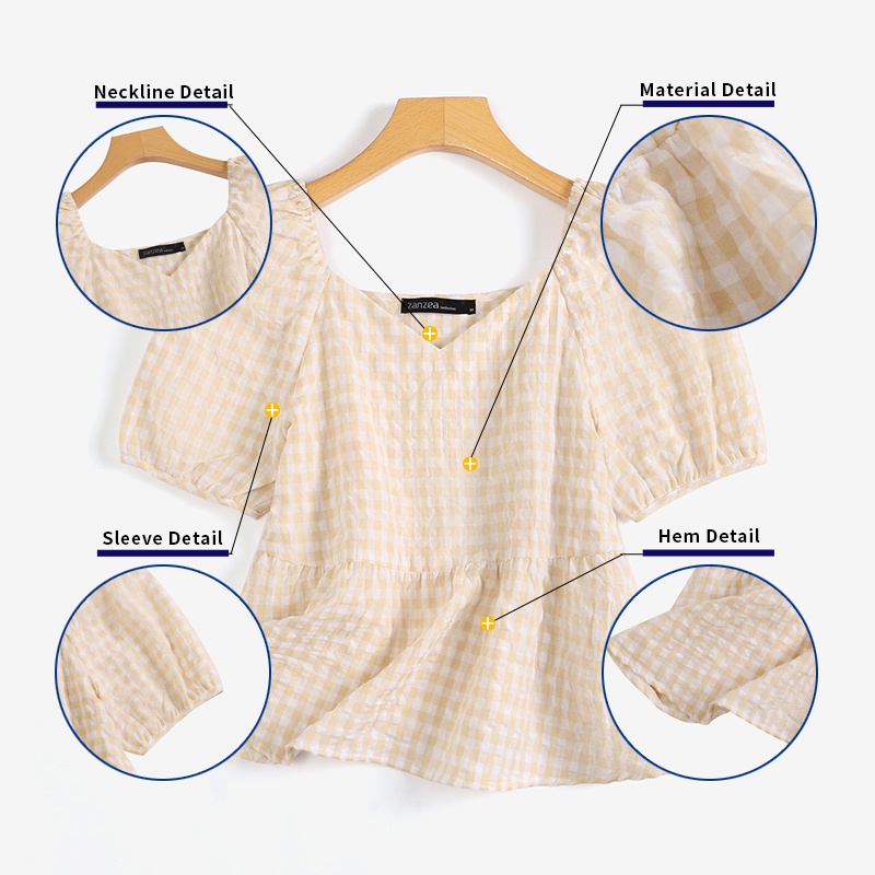 Áo ZANZEA tay ngắn phồng họa tiết caro phong cách Hàn Quốc dành cho nữ