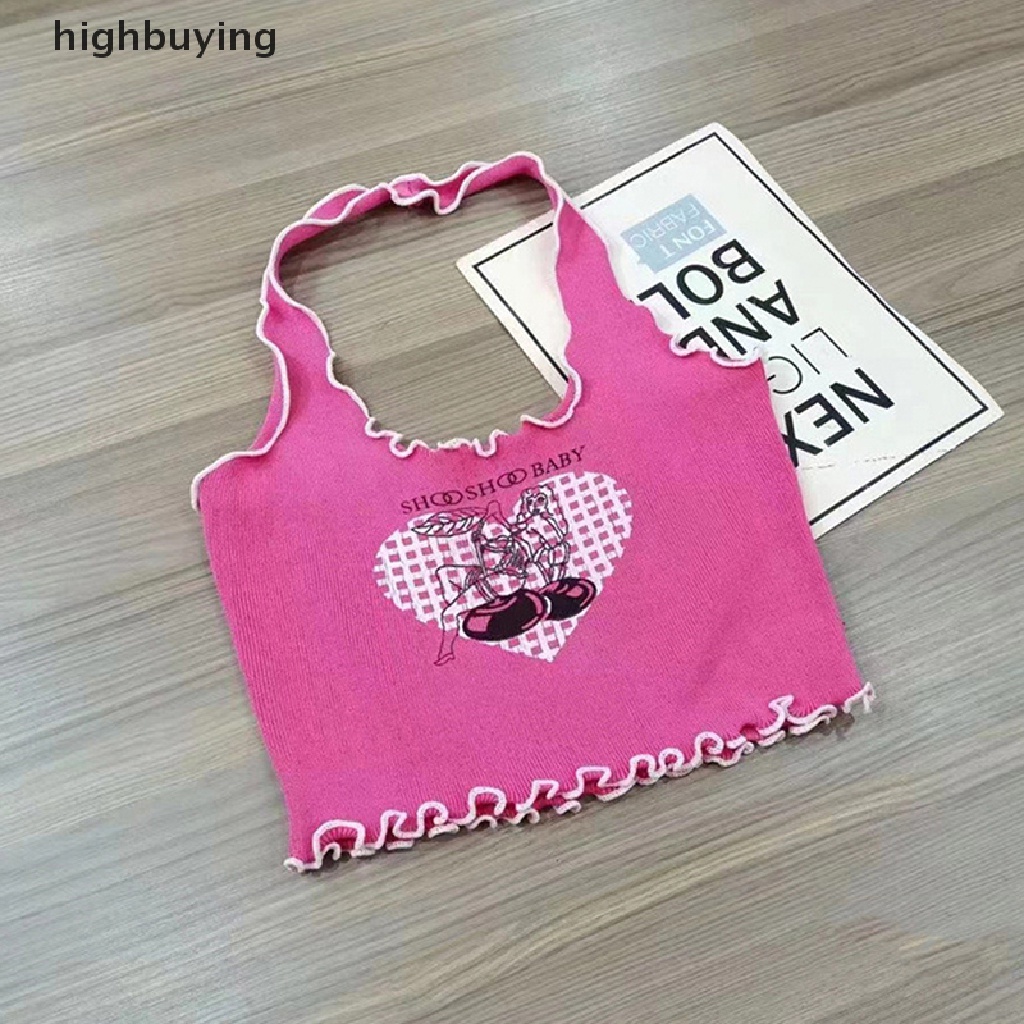 Áo Croptop Hai Dây Dệt Kim Y2K Dáng Ôm In Họa Tiết Trái Tim Xinh Xắn Thời Trang Mùa Hè Cho Nữ