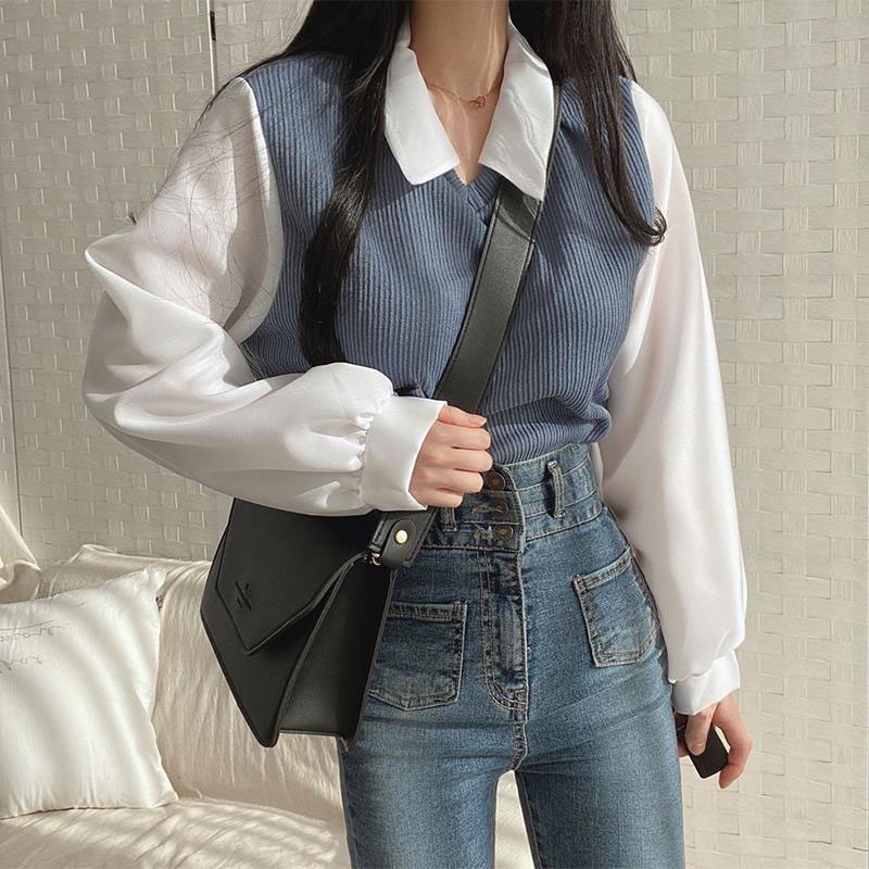 Áo sweater Xiang Nian Ni giả hai lớp cổ polo ghép nối màu tương phản phong cách đường phố thời trang cao cấp dành cho nữ
