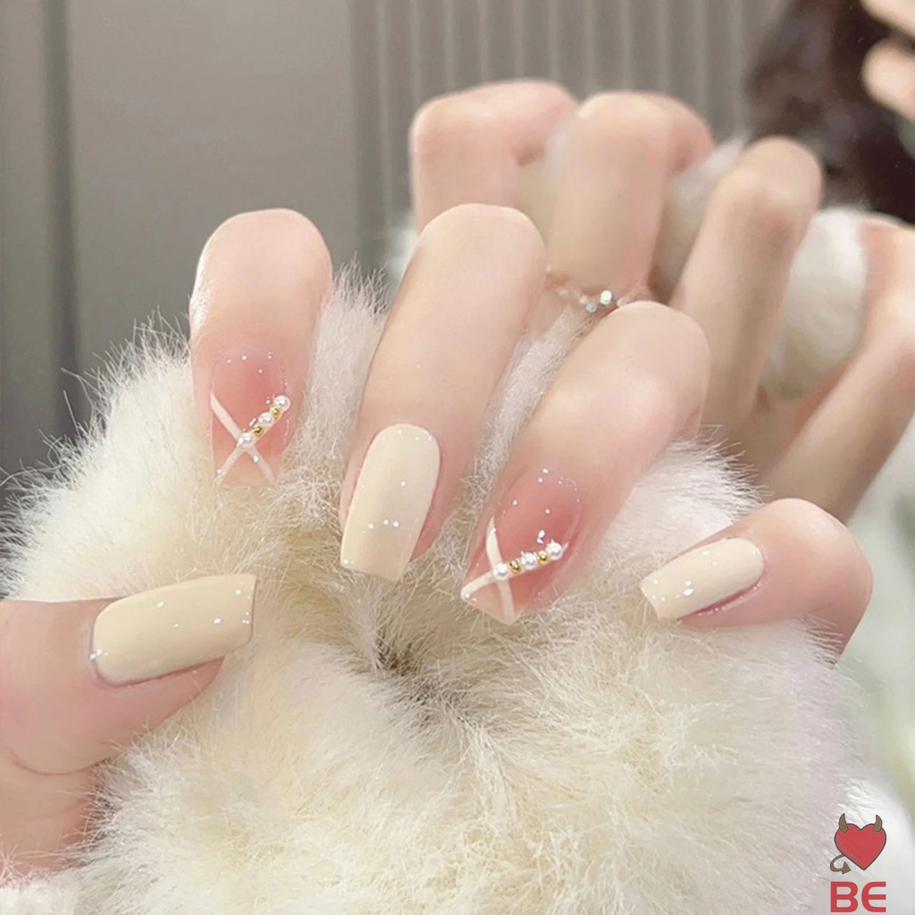 YADORNOS Set 24 Móng Tay Giả Đầu Vuông Đính Ngọc Trai Màu Trắng Thời Trang