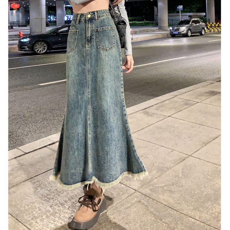 Chân váy jean Đuôi Cá Dáng Chữ A Viền Thô Phong Cách Vintage Thời Trang Mùa Hè Dành Cho Bạn Nữ