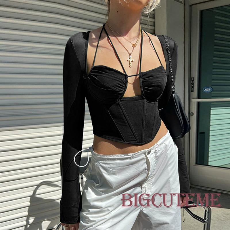 [] Áo Crop Top Dài Tay Phối Lưới Xuyên Thấu Phong Cách Đường Phố Đơn Giản Dành Cho Nữ