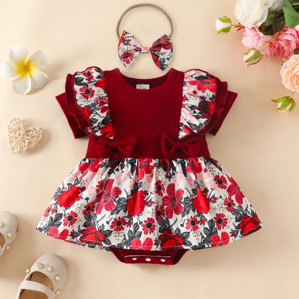 Bộ đầm jumpsuit BCBL nhún bèo in họa tiết hoa kèm băng đô thời trang xinh xắn cho bé gái