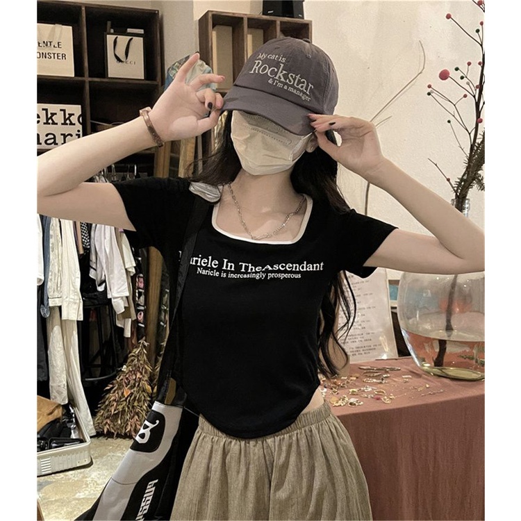 COZOK Áo Thun Ngắn Tay Cổ Vuông Thiết Kế Lệch Tà Thời Trang Cho Nữ