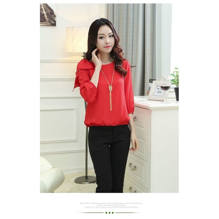 Áo Sơ Mi Voan Tay Lửng Trễ Vai Đính Nơ Xinh Xắn Dành Cho Nữ