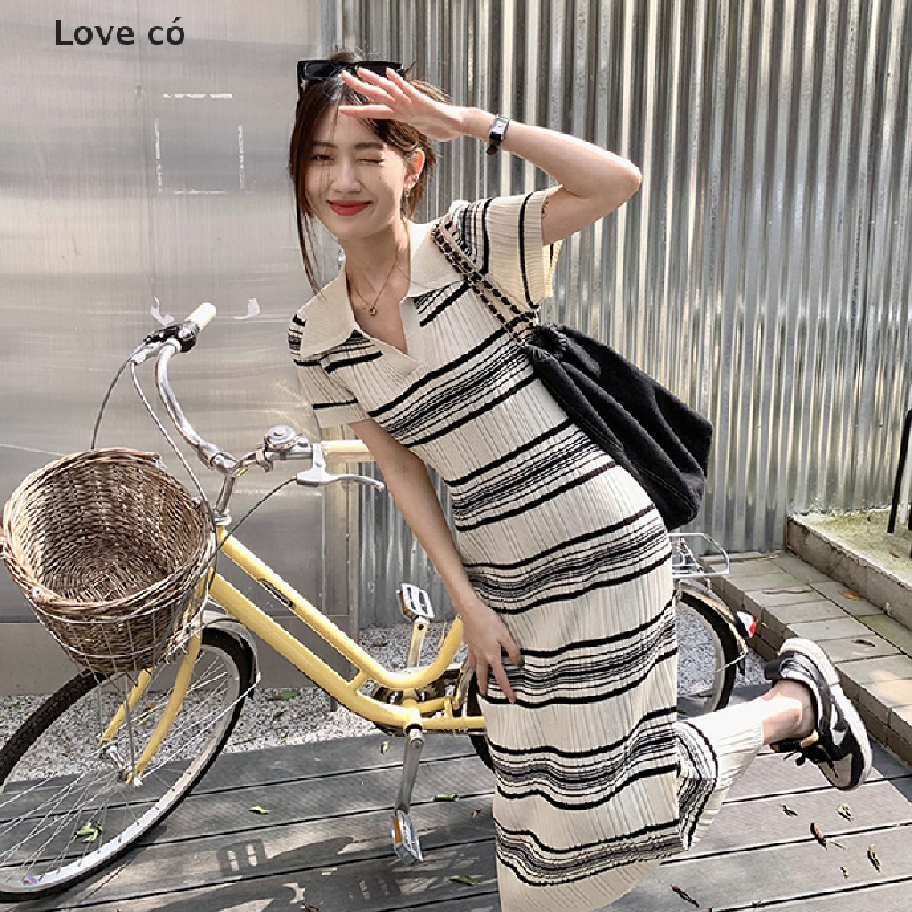 Love C Đầm Sweater Dệt Kim Cổ Polo Tay Ngắn Dáng Ôm Co Giãn Phối Họa Tiết Kẻ Sọc Thời Trang Mùa Hè 2023 Mới Dành Cho Bạn Nữ