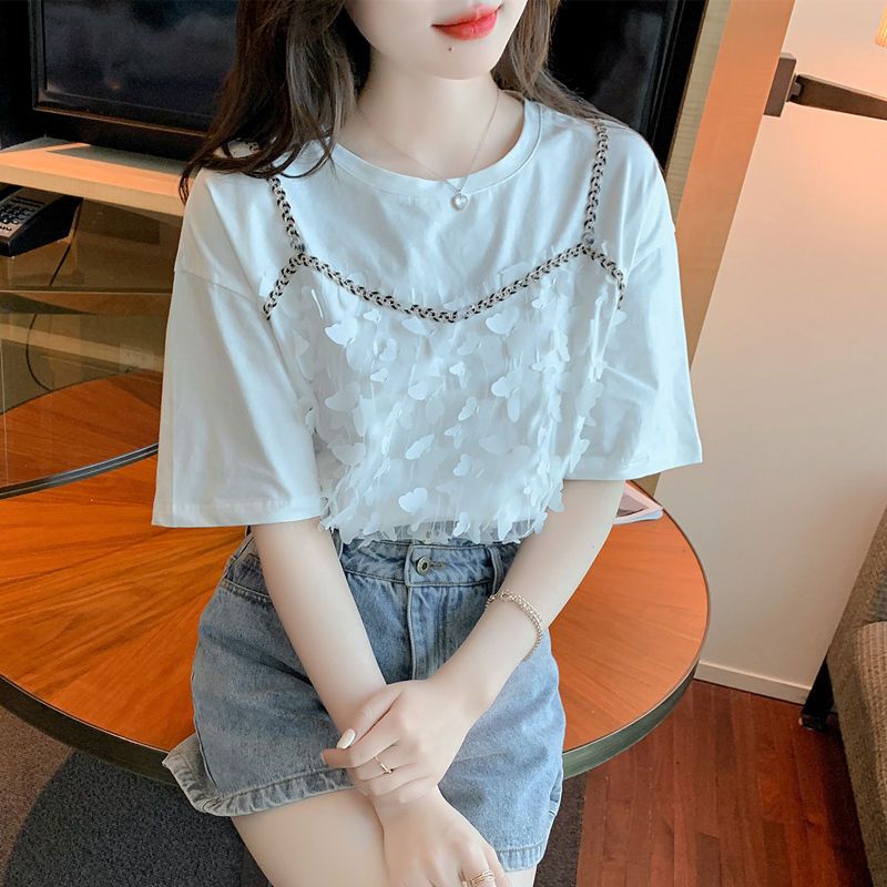 Áo Thun Cotton Giả Hai Mảnh Tay Ngắn Màu Trắng Phong Cách Mới Mùa Hè 2023