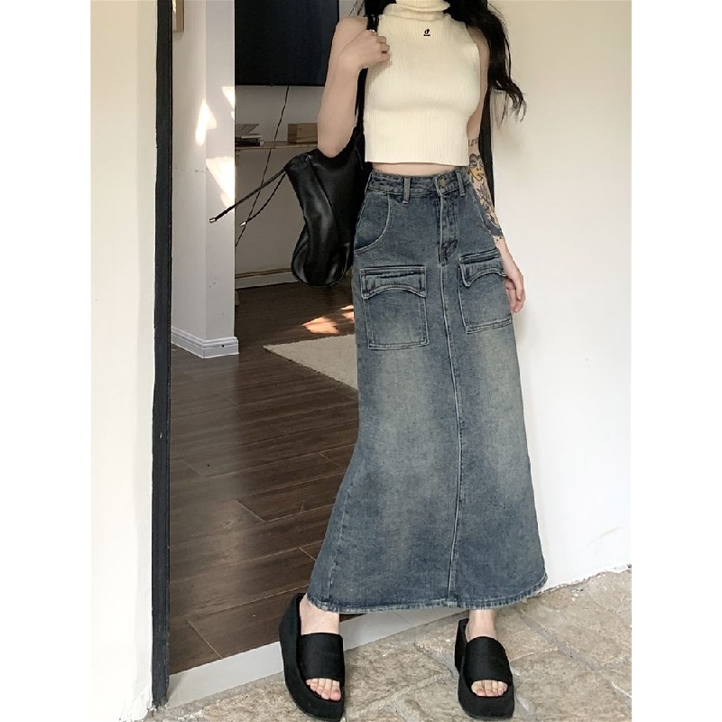 IMAODOU Chân váy denim  dài lưng cao dáng rộng màu xanh dương thời trang xuân hè cho nữ