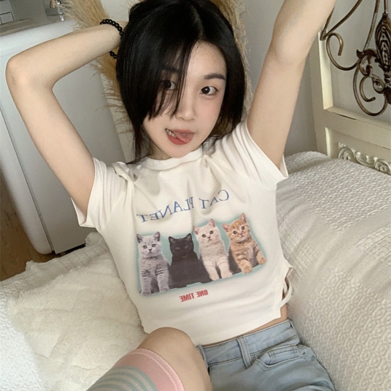IELGY  Áo Thun Tay Ngắn Màu Trắng In Hình Mèo Dành Cho Nữ