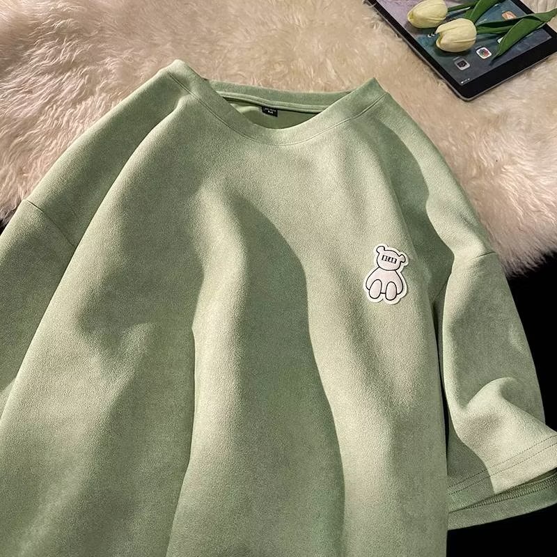 Áo Thun Tay Ngắn Dáng Rộng Chất Nhung Da Bò Phong Cách Thời Trang Đường Phố Mới