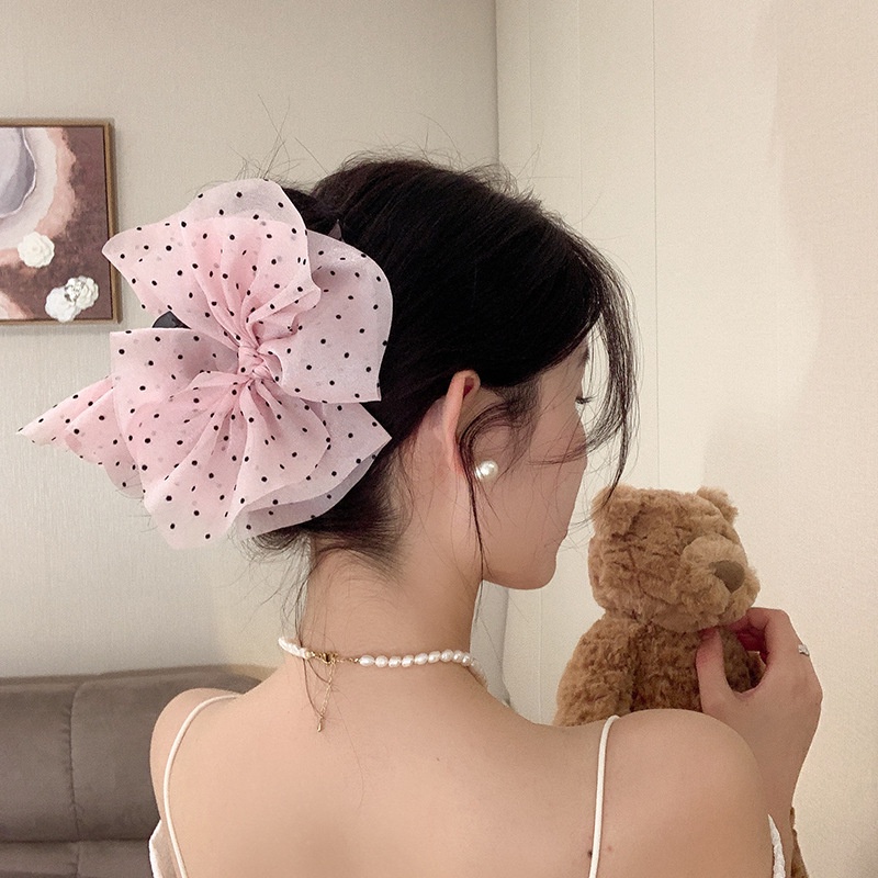 Kẹp Tóc Cá Mập Vải Gạc Chấm Bi Màu Hồng Kích Thước Lớn ins