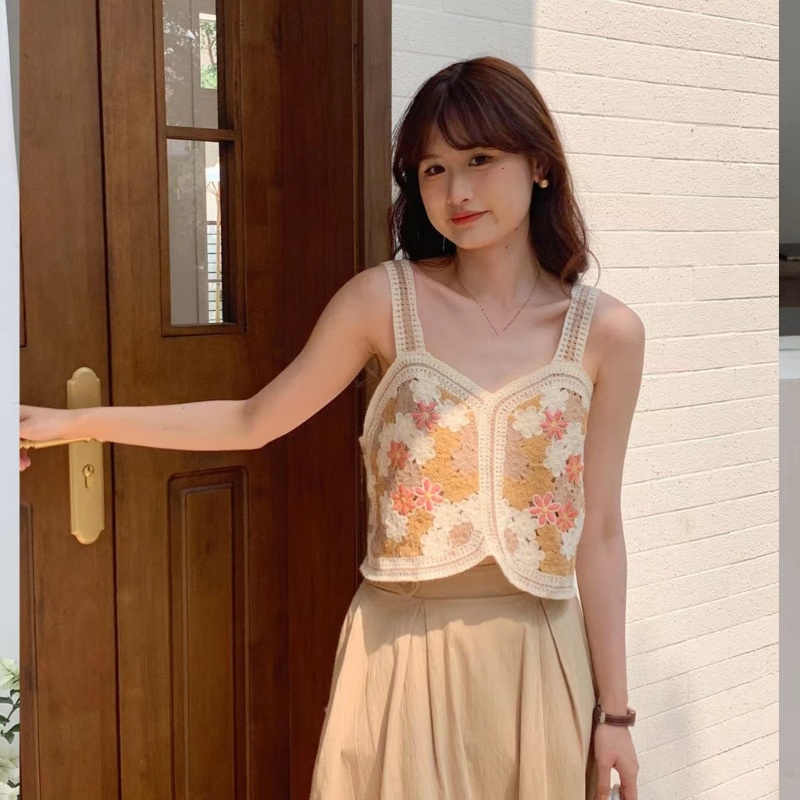 Áo Croptop Dệt Kim Thêu Hoa Thời Trang Cho Nữ