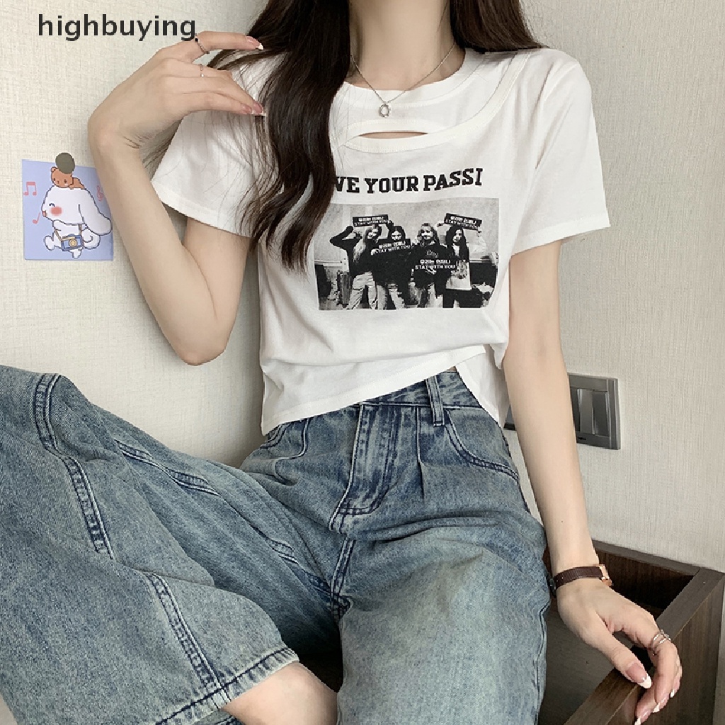 Áo Thun Lửng Ngắn Tay Cổ Tròn In Họa Tiết Vintage Cho Nữ