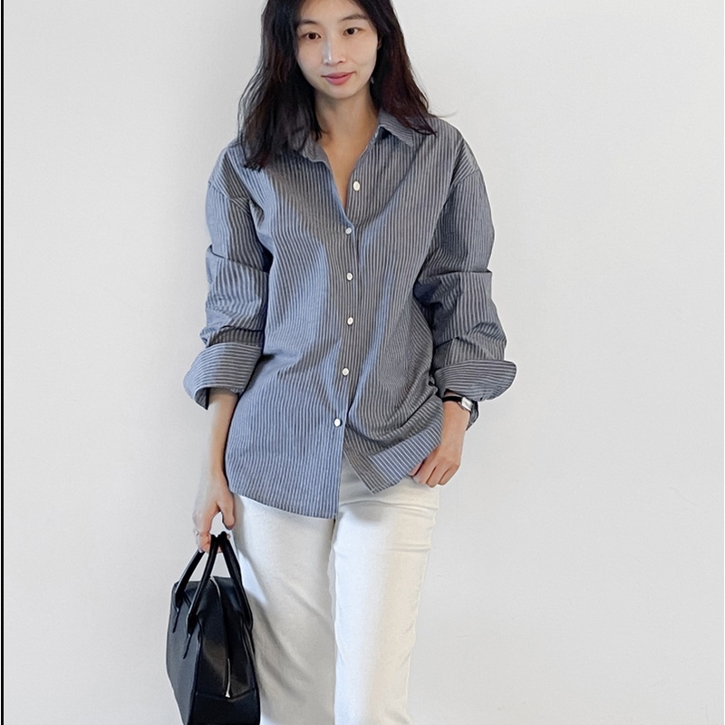 Áo sơ mi SUXI tay dài dáng rộng họa tiết kẻ sọc phong cách tối giản thời trang mùa xuân