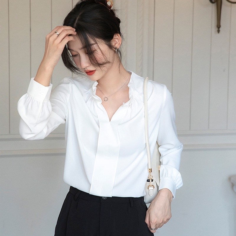 IELGY    Áo Sơ Mi Cổ Chữ v Viền Bèo Nhún Màu Trơn Phong Cách Pháp Thanh Lịch Cho Nữ