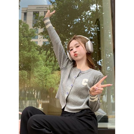 LANJIEXI Áo cardigan Dệt Kim Mỏng Tay Dài Thêu Chữ Màu Sắc Tương Phản Phong Cách Hàn Quốc Cho Nữ