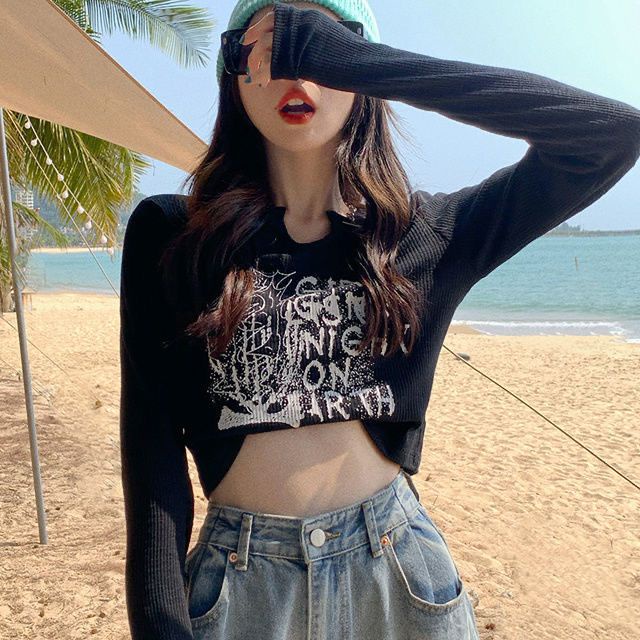 Áo Thun croptop Tay Dài Cổ Chữ V Thiết Kế Mỏng Mùa Thu Phong Cách Mới Cho Nữ