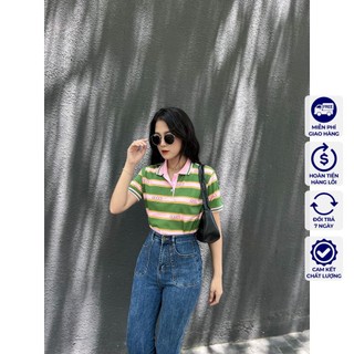 Áo thun cổ trụ áo polo gucci sọc xanh lá hồng vnxk - cotton cá sấu 100%