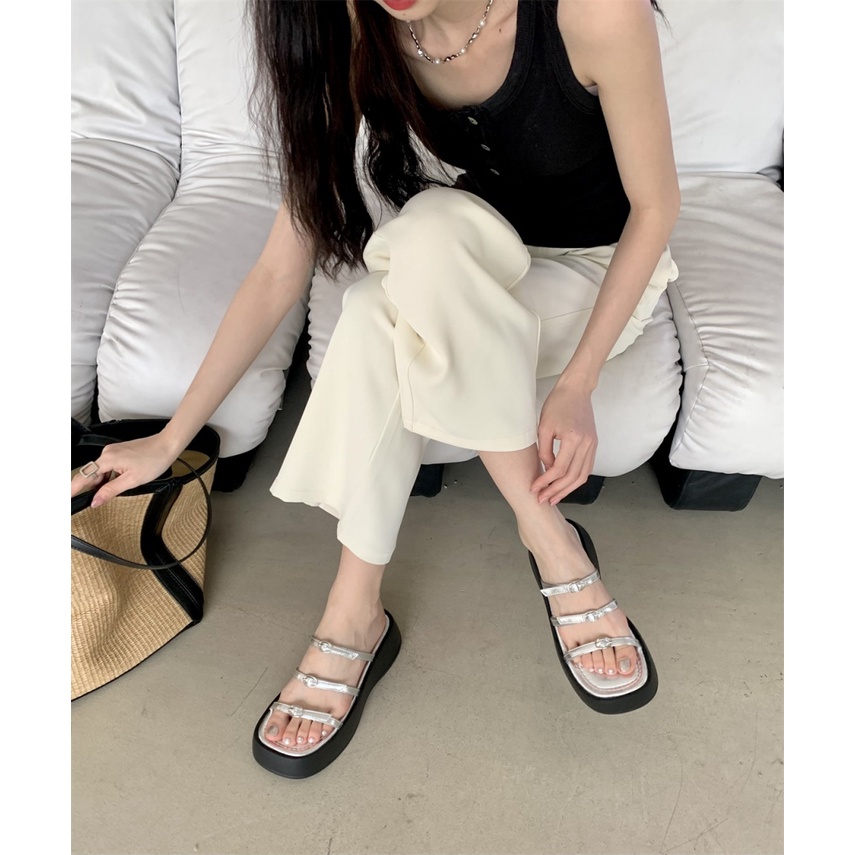 Giày Sandal Đế Dày Tăng Chiều Cao Phối Khóa Thời Trang Mùa Hè 2023 Cho Nữ