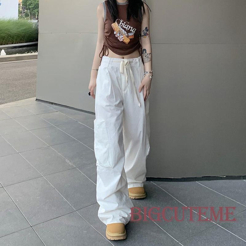 Quần Dài Dáng Suông Rộng Lưng Cao Màu Trơn Có Túi Và Dây Rút Cho Nữ