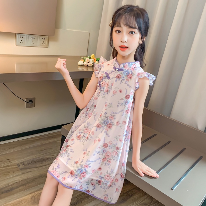 Đầm Sườn Xám Vải chiffon Mềm Thoáng Khí Thiết Kế Đơn Giản Cho Bé Gái
