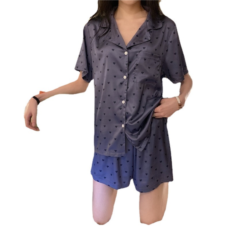 Bộ Đồ Ngủ Nữ Tay Ngắn In Họa Tiết Dễ Thương Phong Cách Cho bằng lụa ngắn tay in hình trái tim áo khoác cardigan