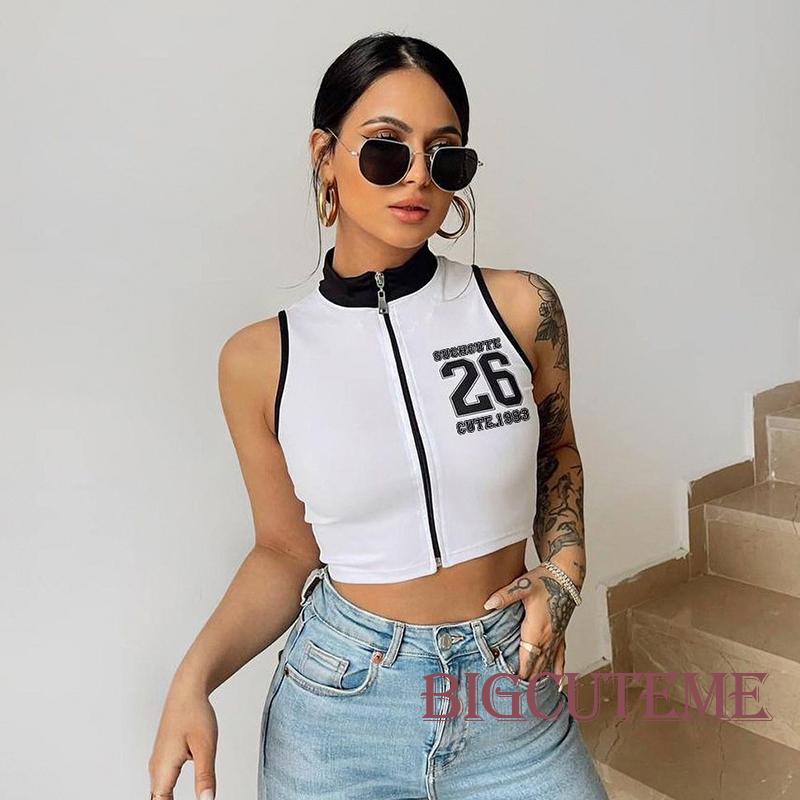Áo Croptop Sát Nách Có Khóa Kéo In Số Thời Trang Mùa Hè Cho Nữ