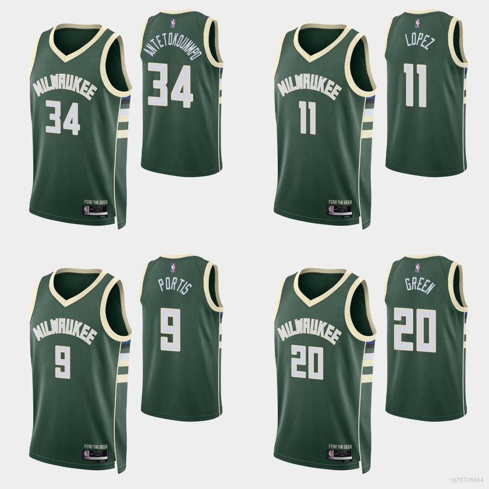 Áo Bóng Rổ Màu Xanh Lá Cây QY 22-23 NBA Jersey Bucks Portis Green Lopez Antetokounmpo