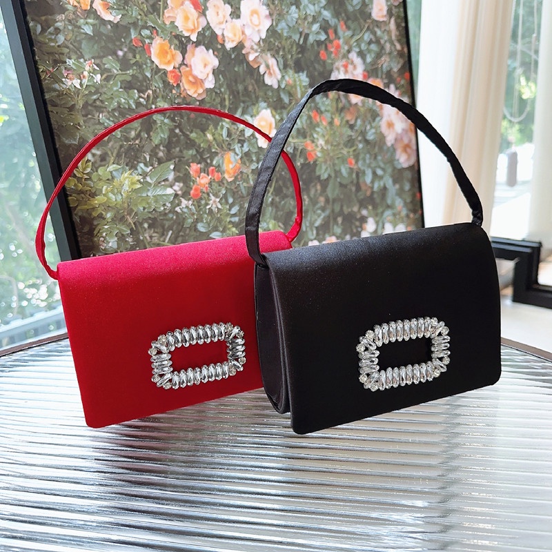 Túi Xách Đeo Chéo Vải satin Hình Vuông Đính Đá Lấp Lánh Kiểu Pháp Cho Nữ