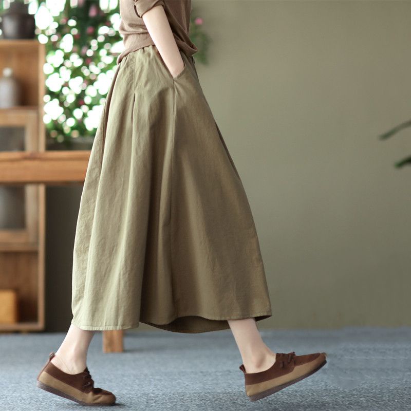 Chân váy cotton lanh lạnh màu trơn lưng thun phong cách thời trang retro cho nữ