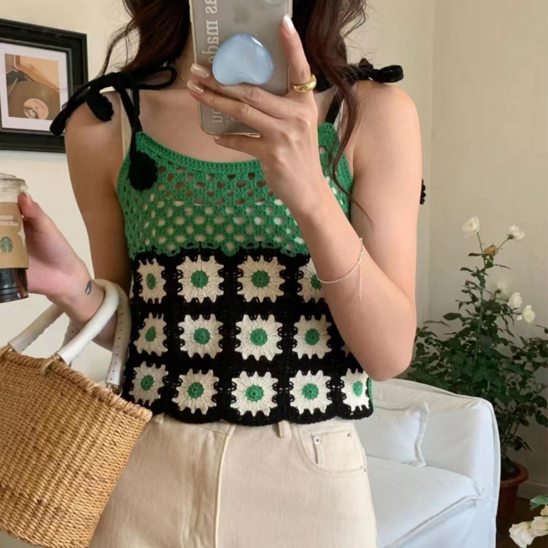 Áo Croptop Hai Dây Dệt Kim Dáng Rộng Họa Tiết Hoa Thời Trang Cho Nữ