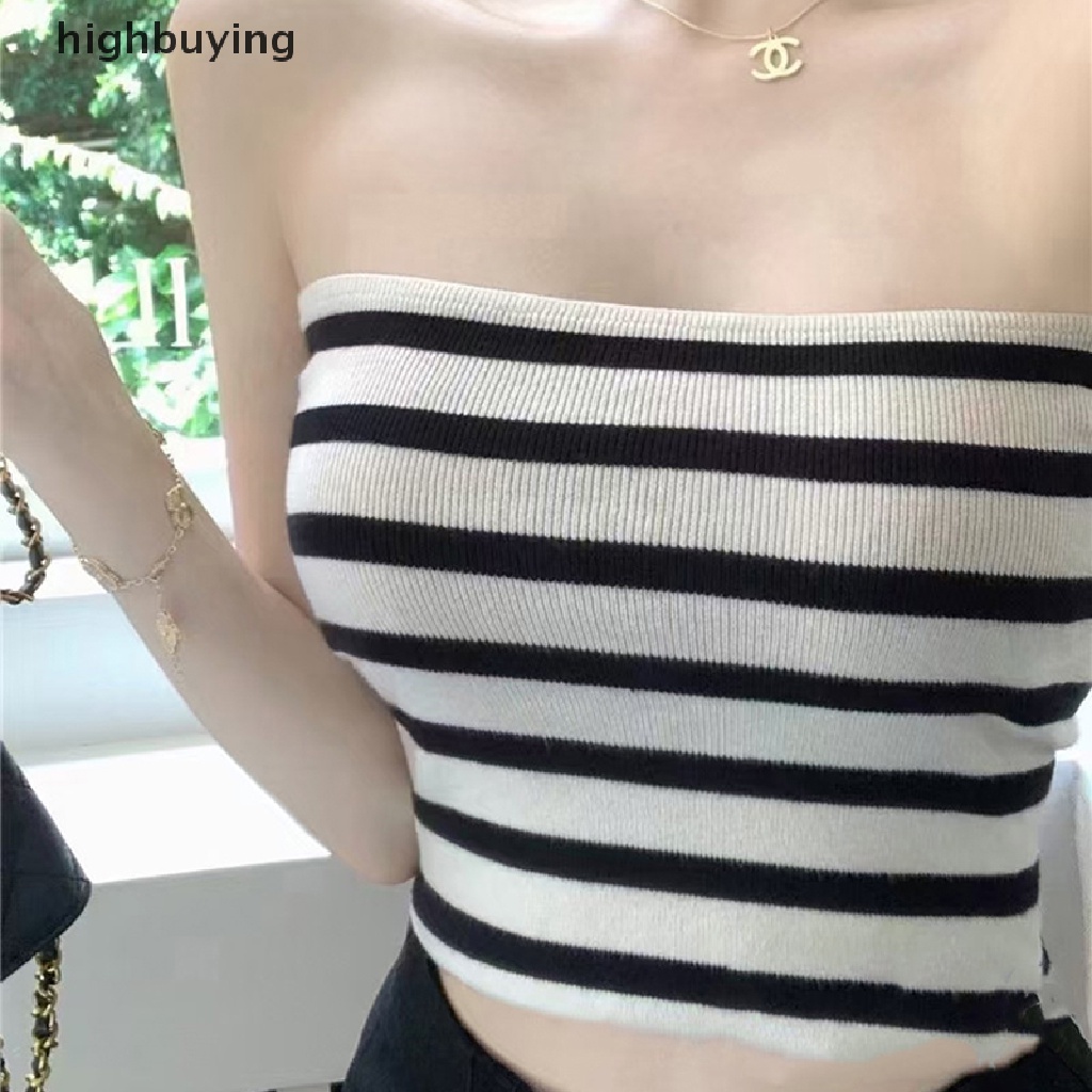 Áo Croptop Dệt Kim Không Tay Họa Tiết Kẻ Sọc Thời Trang Mùa Hè Hàn Quốc Cho Nữ