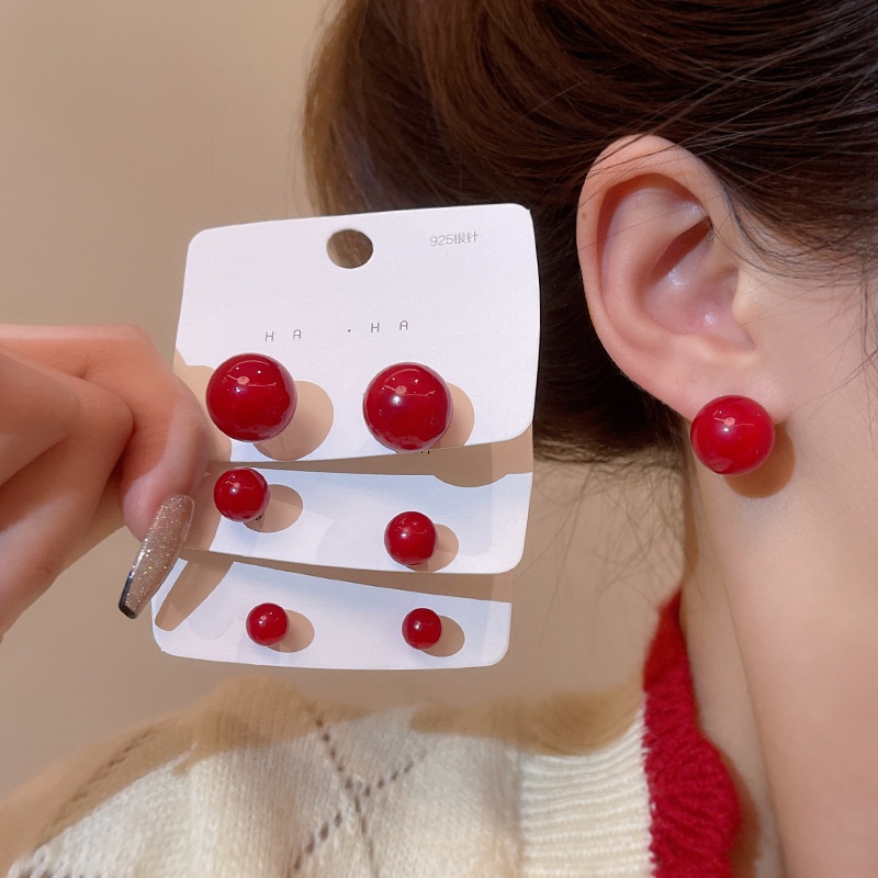 Bông Tai Mạ Bạc 925 Hình Hạt Đậu Đỏ Rượu Vang Đơn Giản Cá Tính