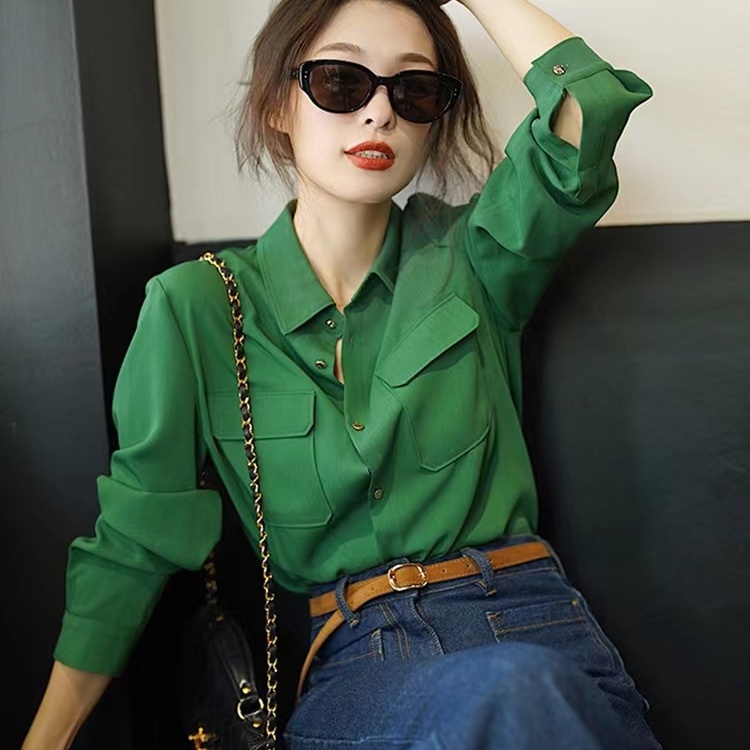 Áo Sơ Mi Nhiều Công Dụng Nút Áo Sơ Mi Thung Lũng Nhỏ Màu Vàng Đồng Retro Hai Túi ^ Thân Thiện Với Da Cổ Điển Thoải Mái Cho Nữ Q