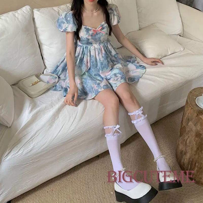 [] Đầm Mini Mùa Hè Dáng Chữ A Tay Cộc Thắt Nơ In Họa Tiết Hoa Cho Nữ