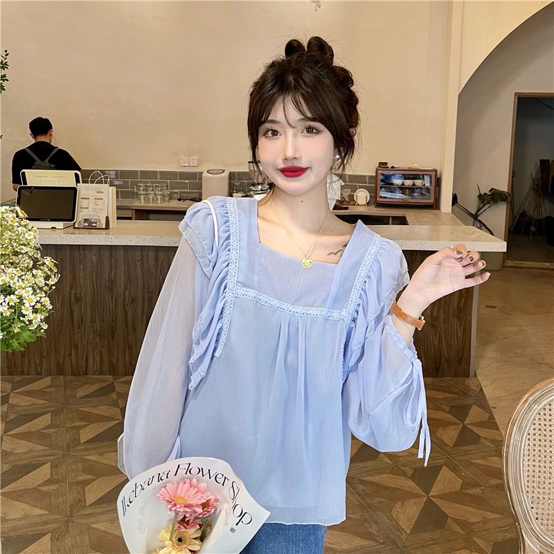 IELGY Áo Sơ Mi Dài Tay Cổ Vuông Phối Bèo Ngọt Ngào Thời Trang Cho Nữ